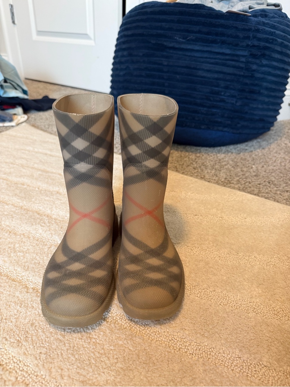Burberry Beige Plaid Kids Rain Boots with Red Accents